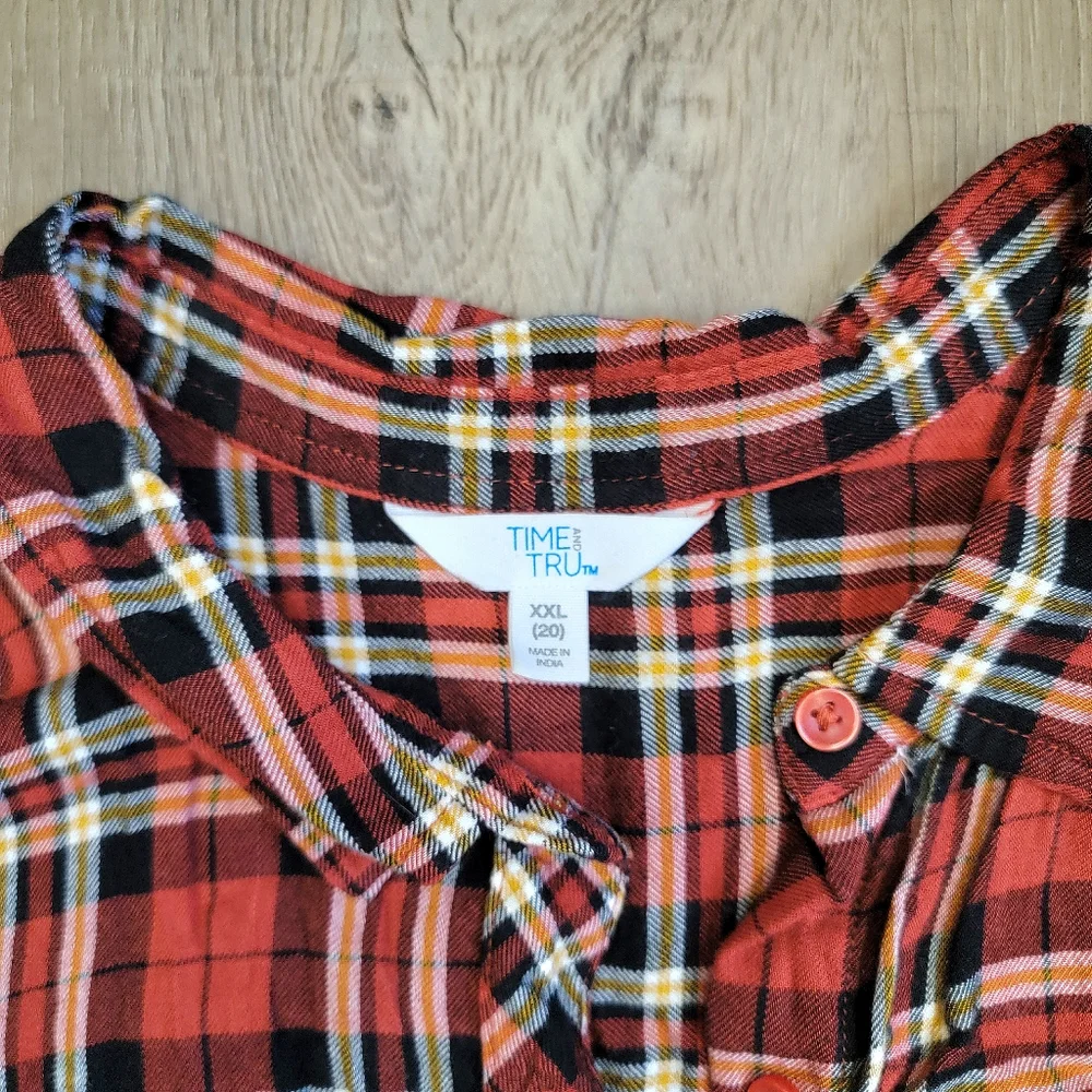 Time‎ & Tru Orange Plaid Flannel Button Up Long Sleeve Roll Tab Size XXL 2XL